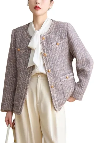 Women's Fall Casual Button Down Tweed Blazer Jacket Round Neck Collarless Office Work Jacket Coats