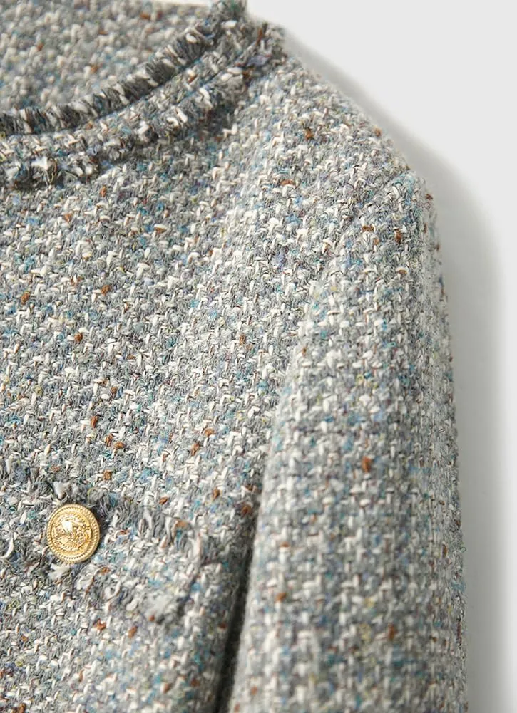 Women's Fall Casual Button Down Tweed Blazer Jacket Round Neck Collarless Office Work Jacket Coats