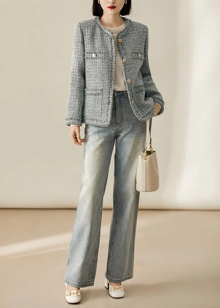 Women's Fall Casual Button Down Tweed Blazer Jacket Round Neck Collarless Office Work Jacket Coats