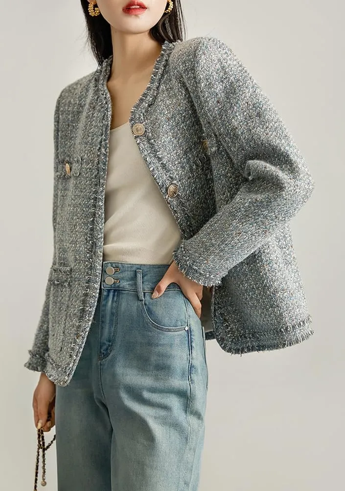 Women's Fall Casual Button Down Tweed Blazer Jacket Round Neck Collarless Office Work Jacket Coats
