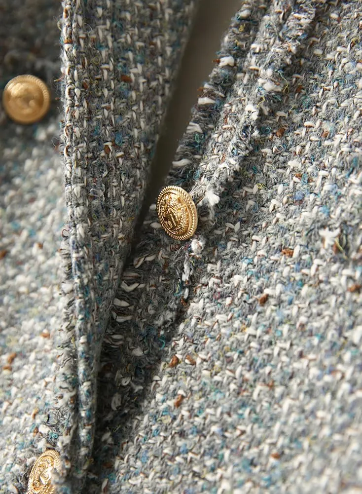 Women's Fall Casual Button Down Tweed Blazer Jacket Round Neck Collarless Office Work Jacket Coats