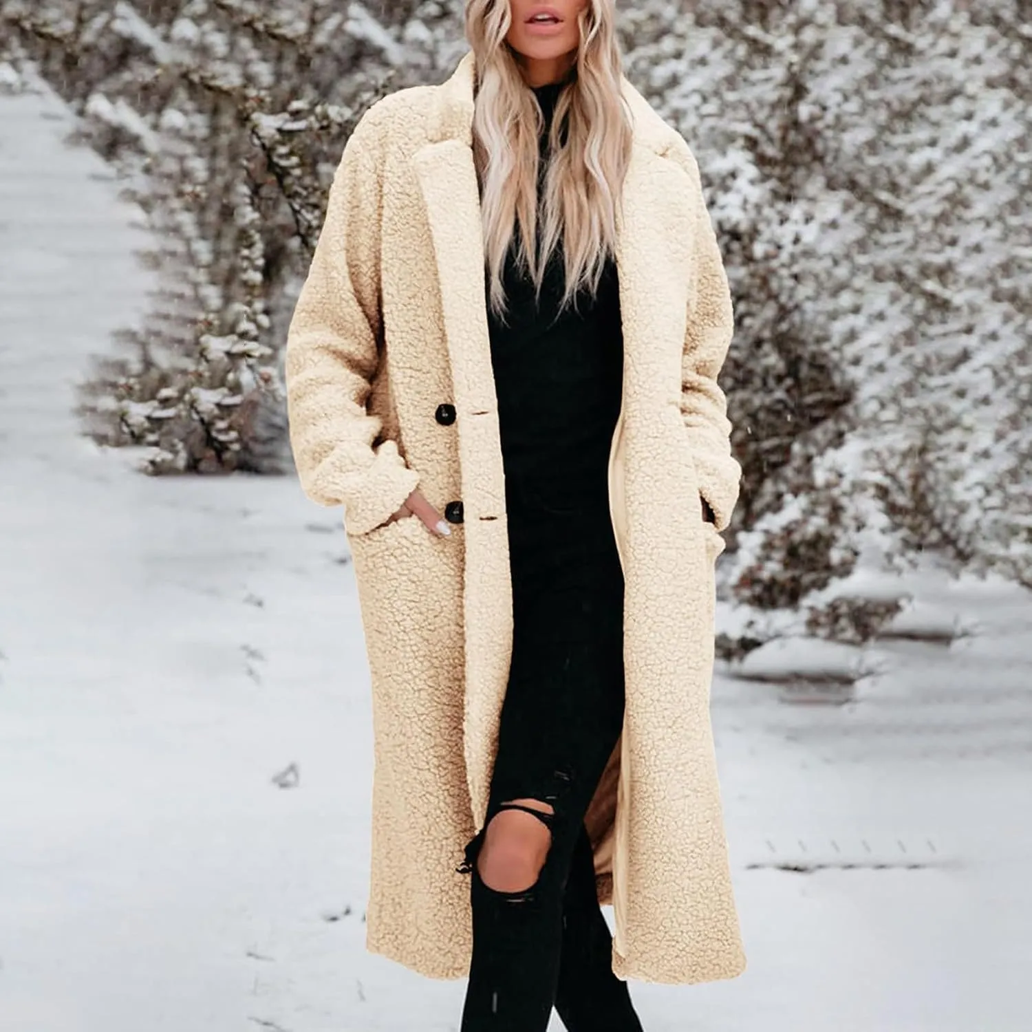 Womens Fuzzy Fleece Jacket Sherpa Trench Coat Trendy Double Breasted Open Front Long Cardigan with Pocket S-XXL