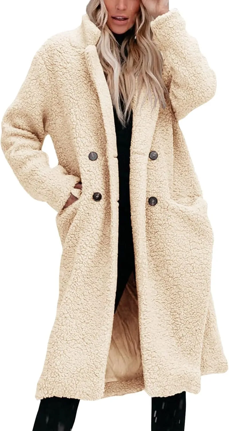 Womens Fuzzy Fleece Jacket Sherpa Trench Coat Trendy Double Breasted Open Front Long Cardigan with Pocket S-XXL