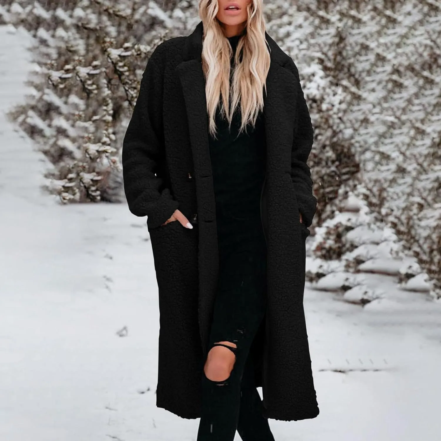Womens Fuzzy Fleece Jacket Sherpa Trench Coat Trendy Double Breasted Open Front Long Cardigan with Pocket S-XXL