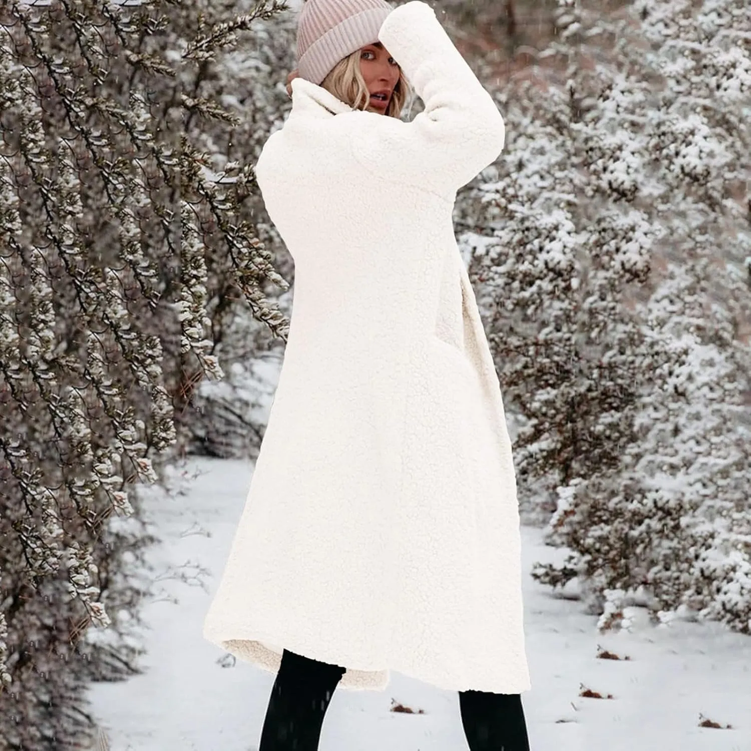 Womens Fuzzy Fleece Jacket Sherpa Trench Coat Trendy Double Breasted Open Front Long Cardigan with Pocket S-XXL