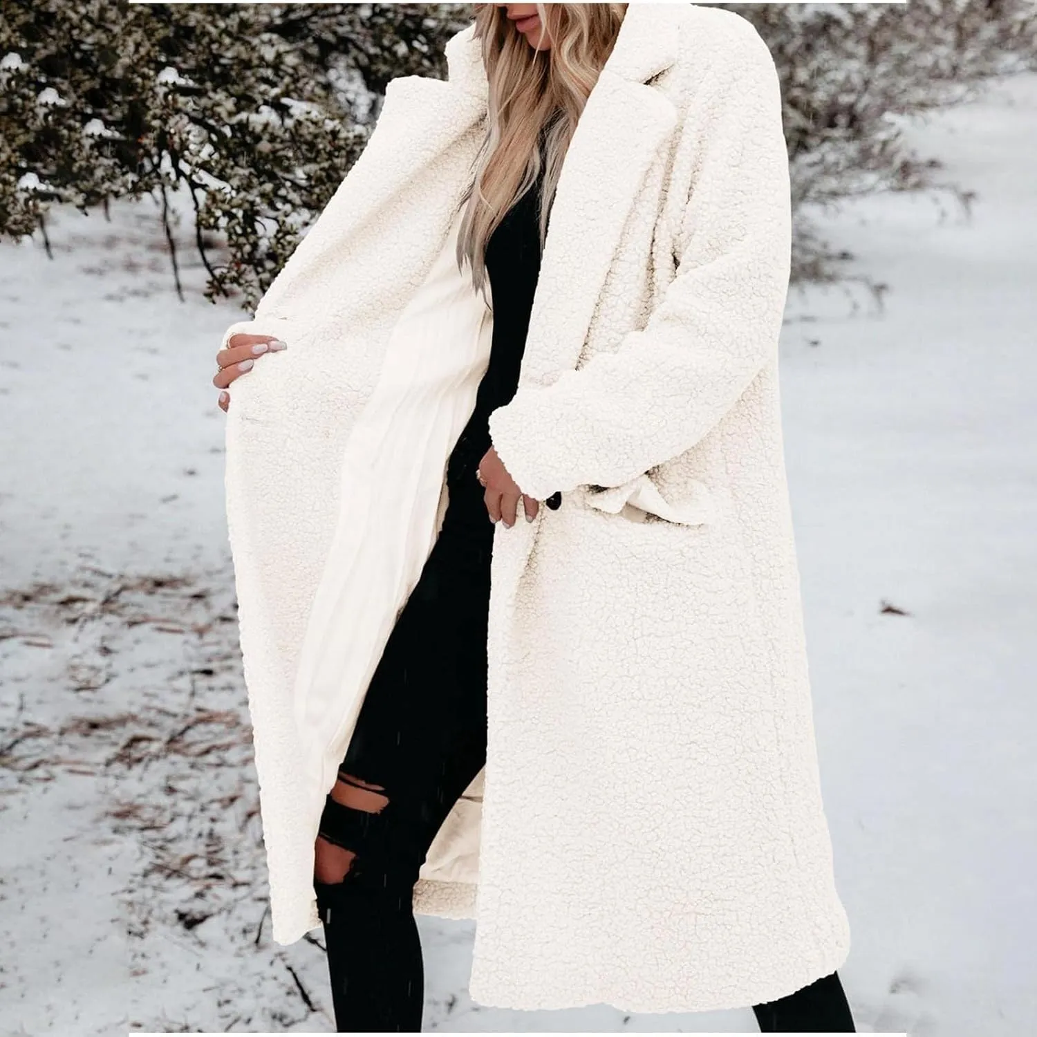 Womens Fuzzy Fleece Jacket Sherpa Trench Coat Trendy Double Breasted Open Front Long Cardigan with Pocket S-XXL