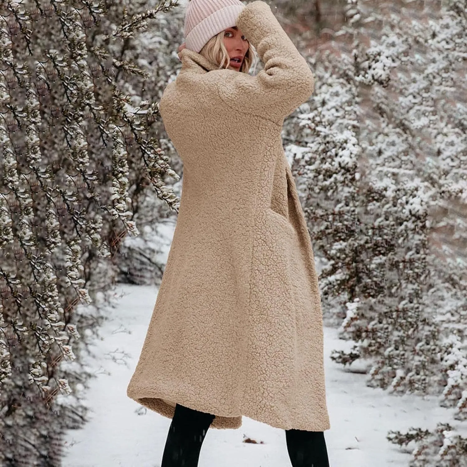Womens Fuzzy Fleece Jacket Sherpa Trench Coat Trendy Double Breasted Open Front Long Cardigan with Pocket S-XXL