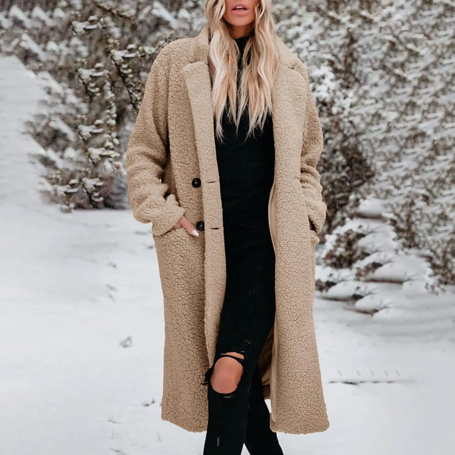 Womens Fuzzy Fleece Jacket Sherpa Trench Coat Trendy Double Breasted Open Front Long Cardigan with Pocket S-XXL