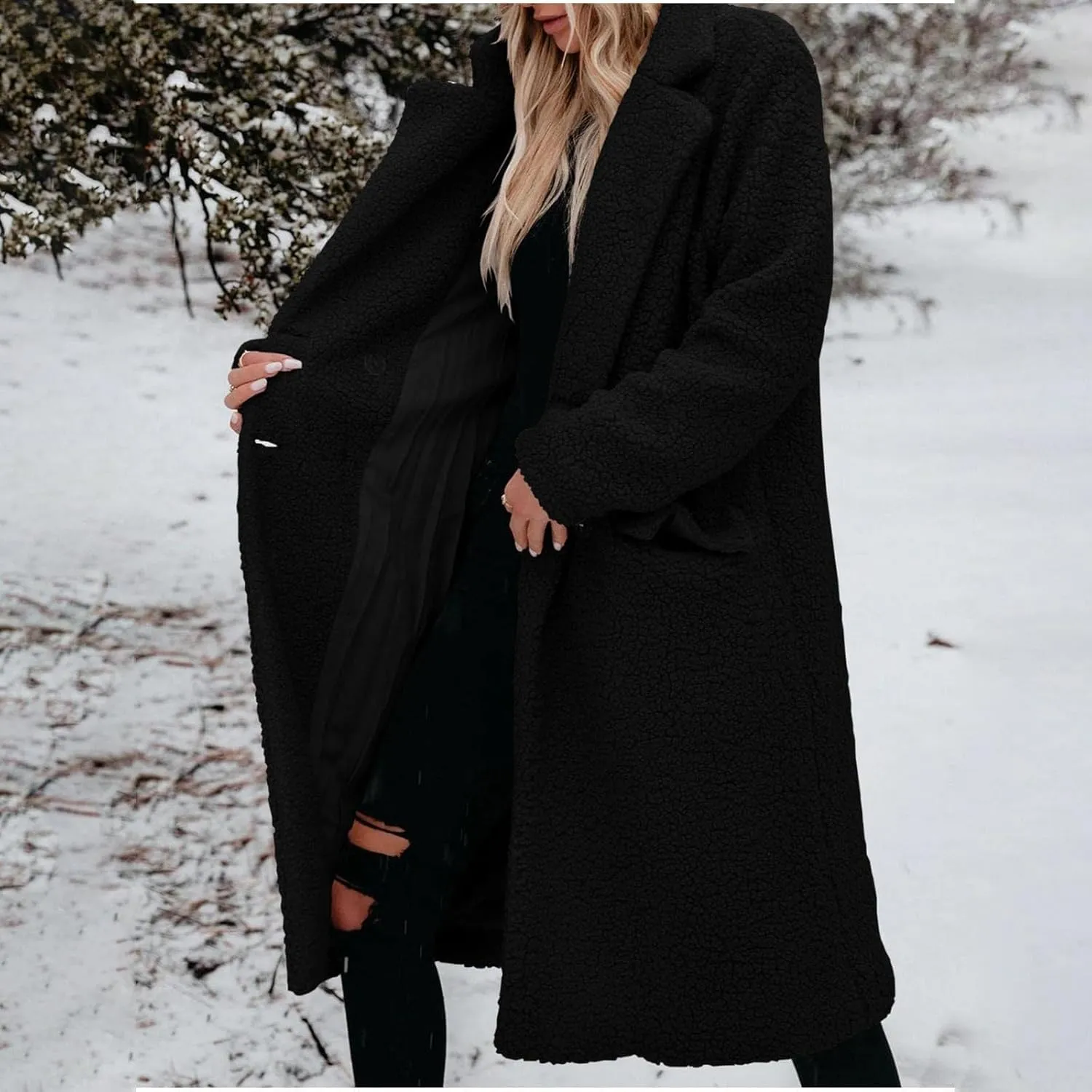 Womens Fuzzy Fleece Jacket Sherpa Trench Coat Trendy Double Breasted Open Front Long Cardigan with Pocket S-XXL