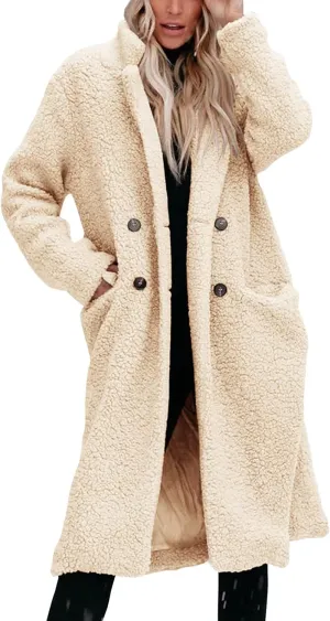 Womens Fuzzy Fleece Jacket Sherpa Trench Coat Trendy Double Breasted Open Front Long Cardigan with Pocket S-XXL