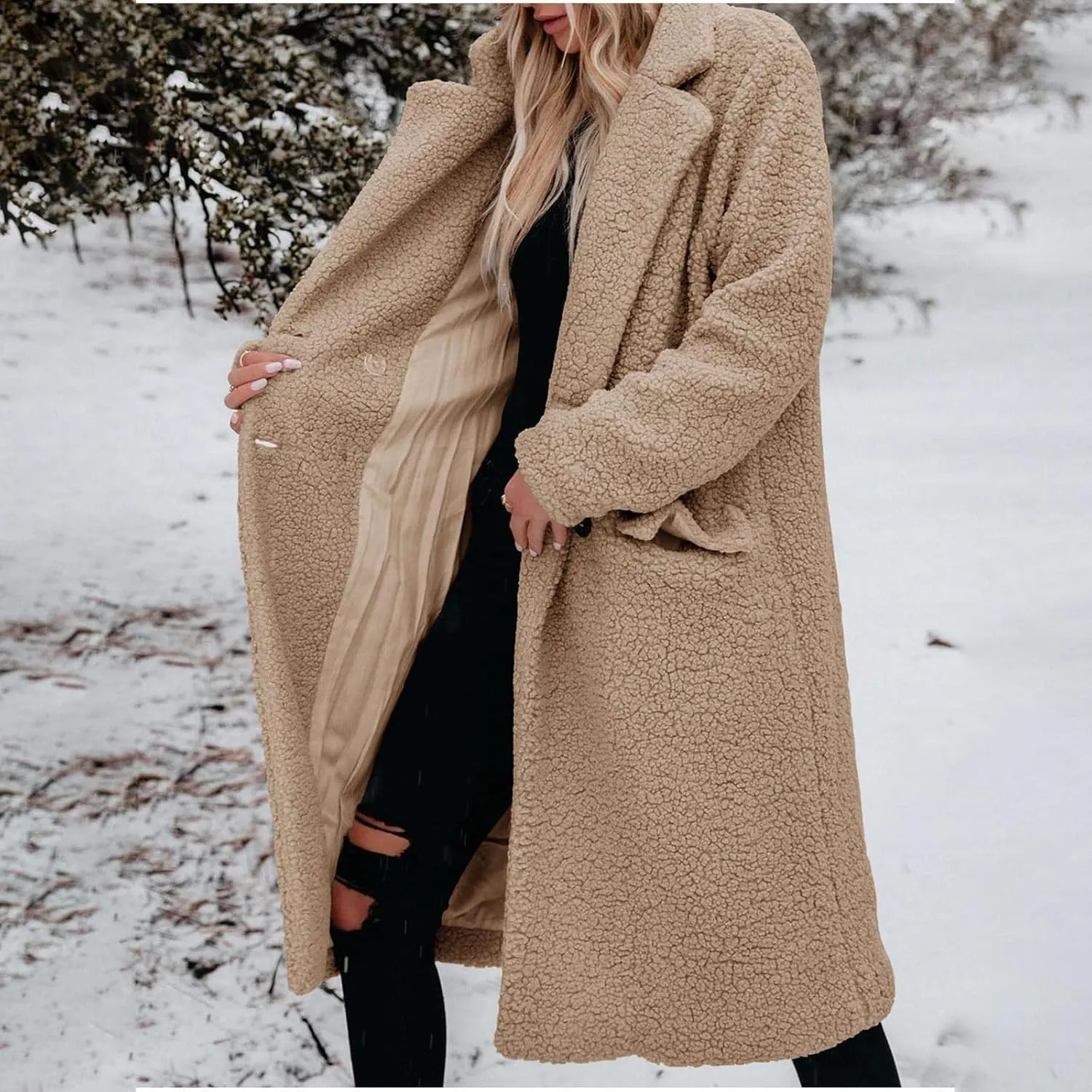 Womens Fuzzy Fleece Jacket Sherpa Trench Coat Trendy Double Breasted Open Front Long Cardigan with Pocket S-XXL