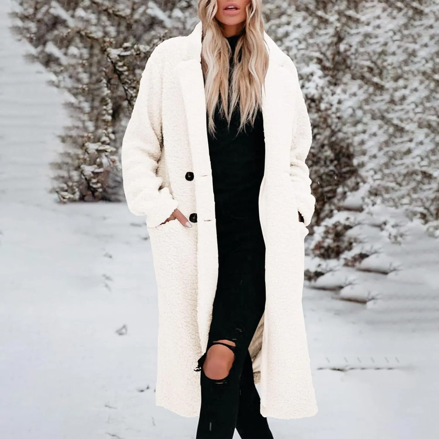 Womens Fuzzy Fleece Jacket Sherpa Trench Coat Trendy Double Breasted Open Front Long Cardigan with Pocket S-XXL