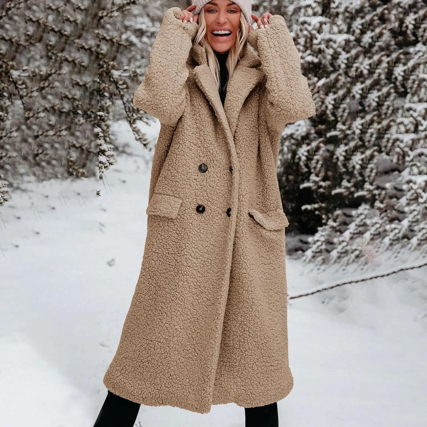 Womens Fuzzy Fleece Jacket Sherpa Trench Coat Trendy Double Breasted Open Front Long Cardigan with Pocket S-XXL