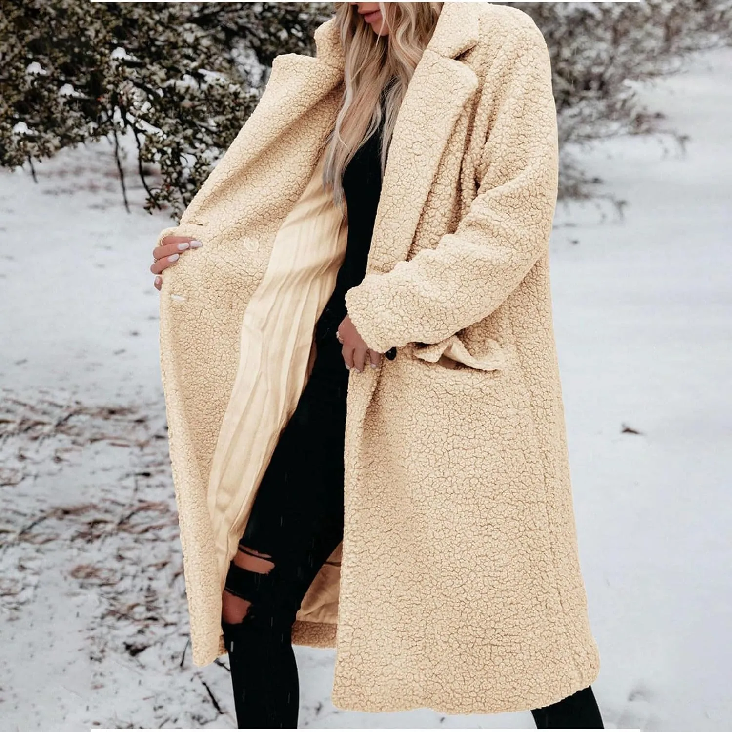 Womens Fuzzy Fleece Jacket Sherpa Trench Coat Trendy Double Breasted Open Front Long Cardigan with Pocket S-XXL