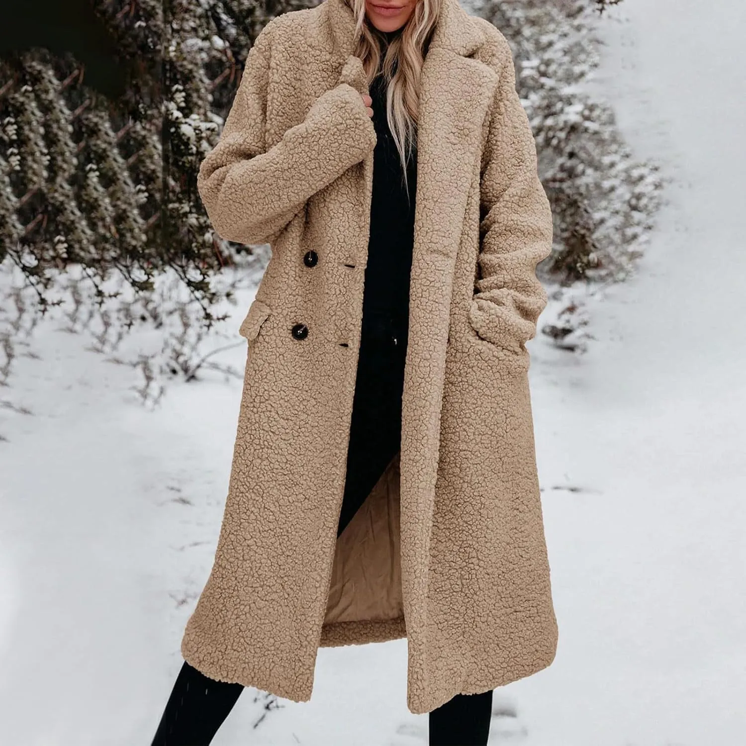 Womens Fuzzy Fleece Jacket Sherpa Trench Coat Trendy Double Breasted Open Front Long Cardigan with Pocket S-XXL