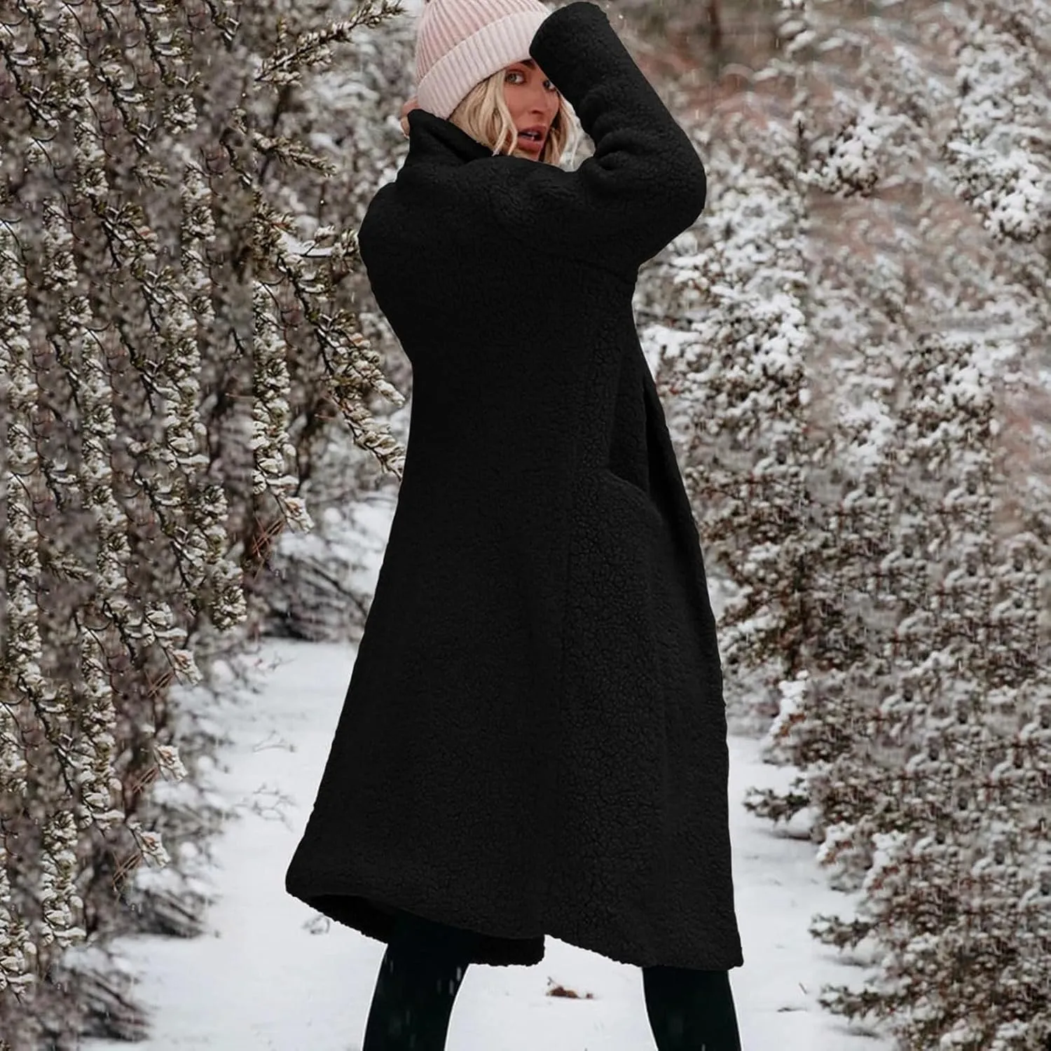 Womens Fuzzy Fleece Jacket Sherpa Trench Coat Trendy Double Breasted Open Front Long Cardigan with Pocket S-XXL