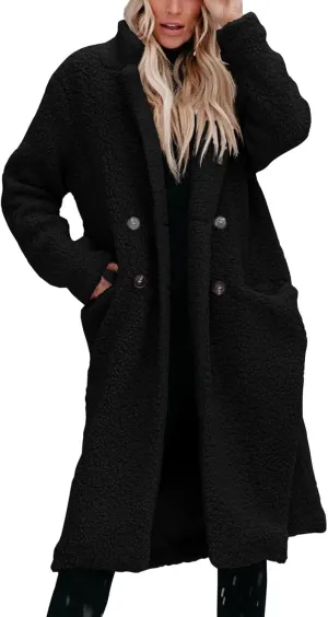Womens Fuzzy Fleece Jacket Sherpa Trench Coat Trendy Double Breasted Open Front Long Cardigan with Pocket S-XXL