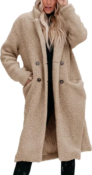 Womens Fuzzy Fleece Jacket Sherpa Trench Coat Trendy Double Breasted Open Front Long Cardigan with Pocket S-XXL