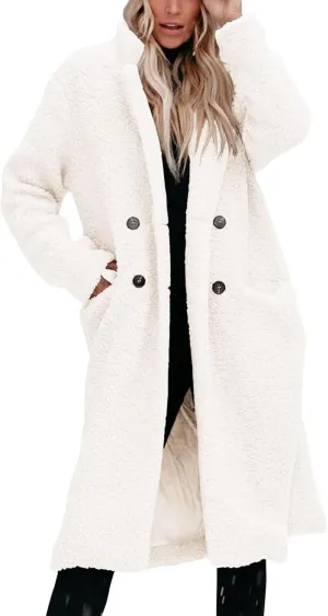 Womens Fuzzy Fleece Jacket Sherpa Trench Coat Trendy Double Breasted Open Front Long Cardigan with Pocket S-XXL