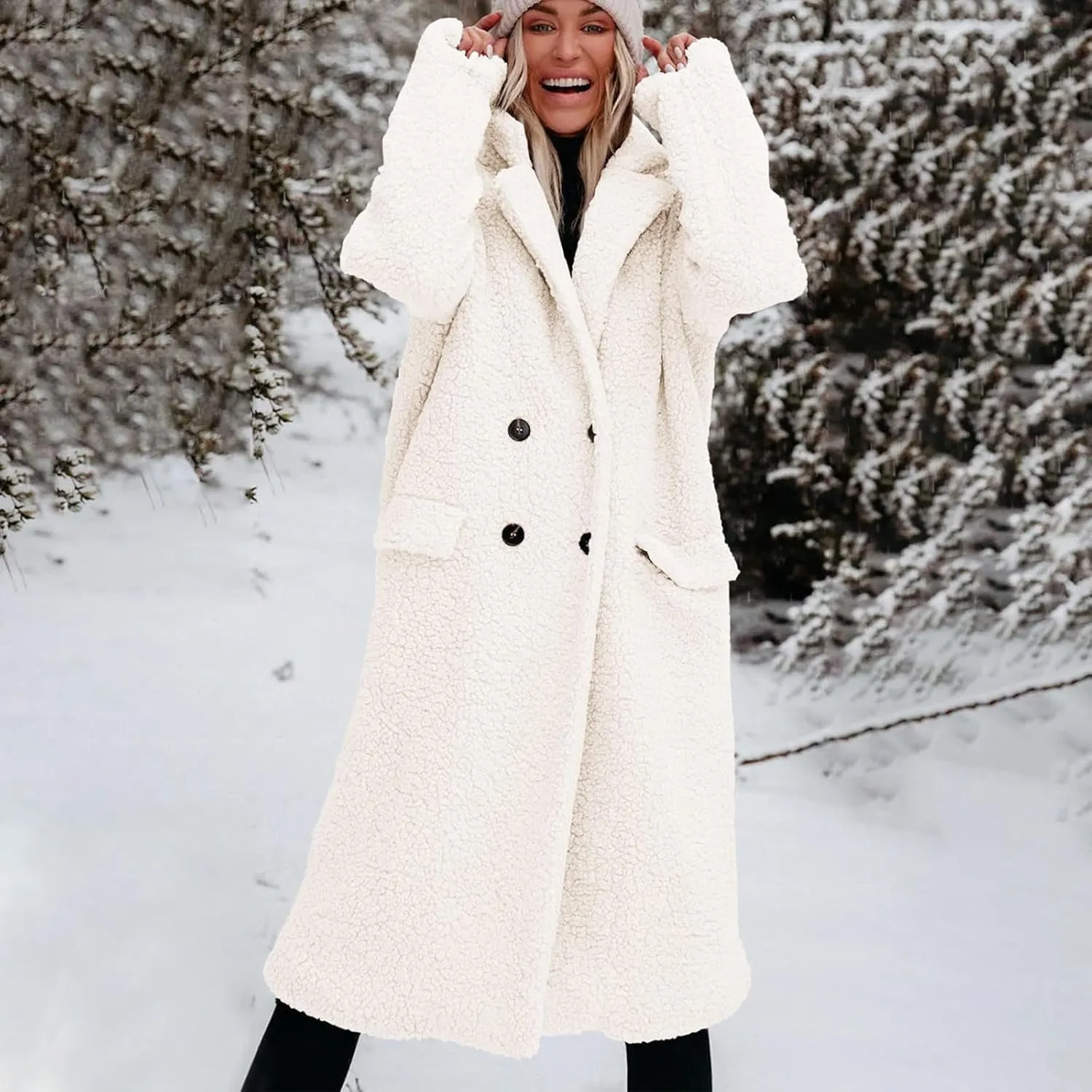 Womens Fuzzy Fleece Jacket Sherpa Trench Coat Trendy Double Breasted Open Front Long Cardigan with Pocket S-XXL