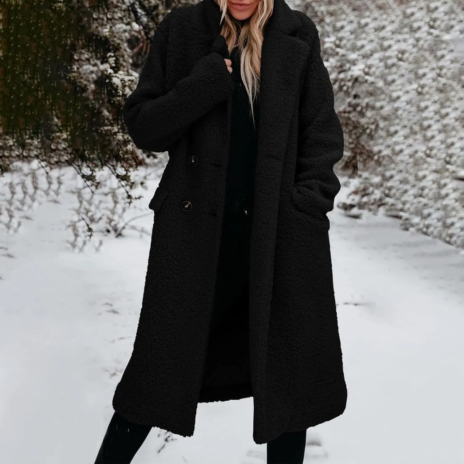 Womens Fuzzy Fleece Jacket Sherpa Trench Coat Trendy Double Breasted Open Front Long Cardigan with Pocket S-XXL