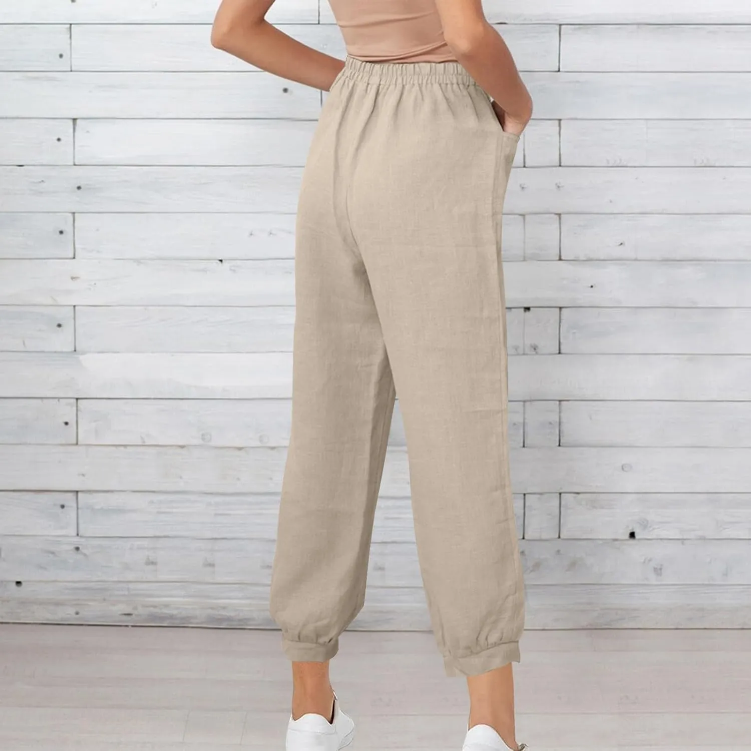 Women's High Waist Cotton Linen Cropped Pant, Summer Casual Baggy Sports Joggers Elastic Waist Trousers with Pockets