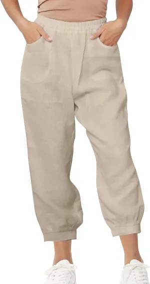Women's High Waist Cotton Linen Cropped Pant, Summer Casual Baggy Sports Joggers Elastic Waist Trousers with Pockets