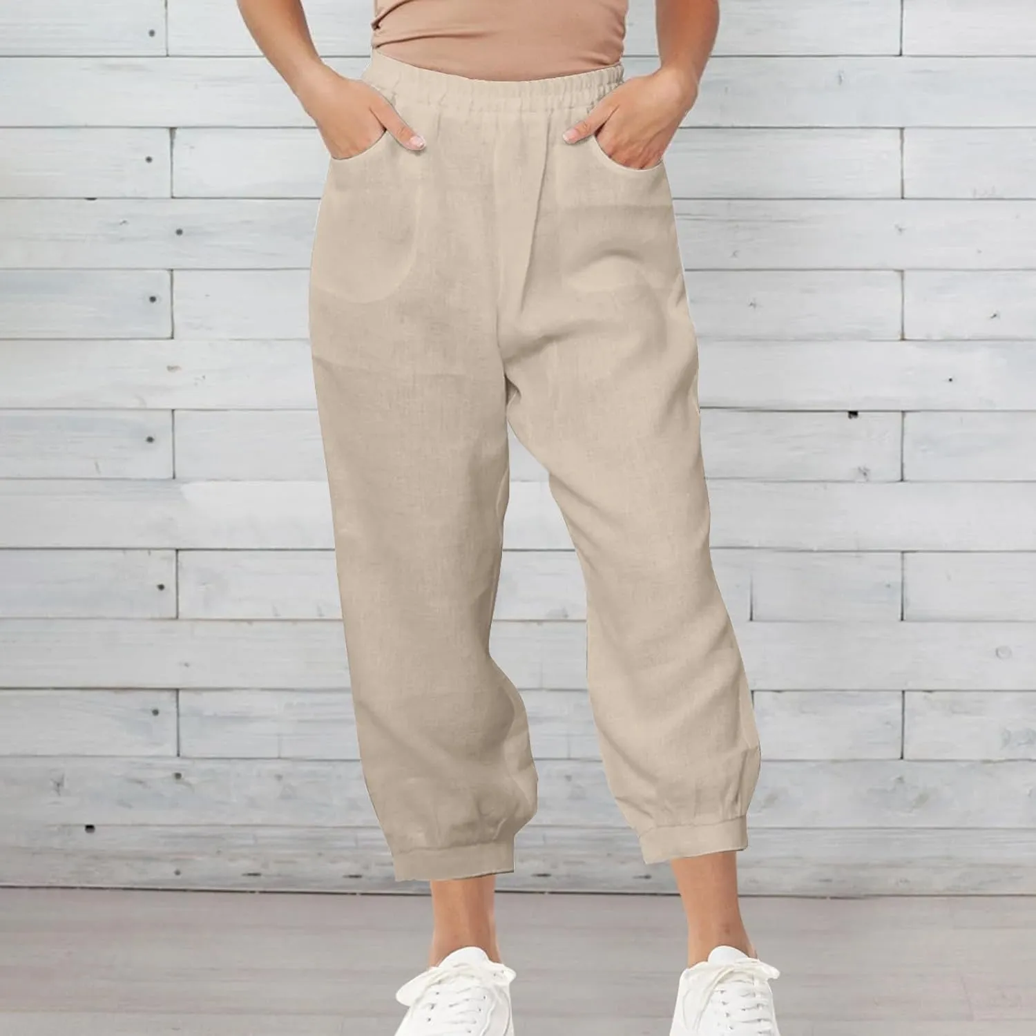 Women's High Waist Cotton Linen Cropped Pant, Summer Casual Baggy Sports Joggers Elastic Waist Trousers with Pockets