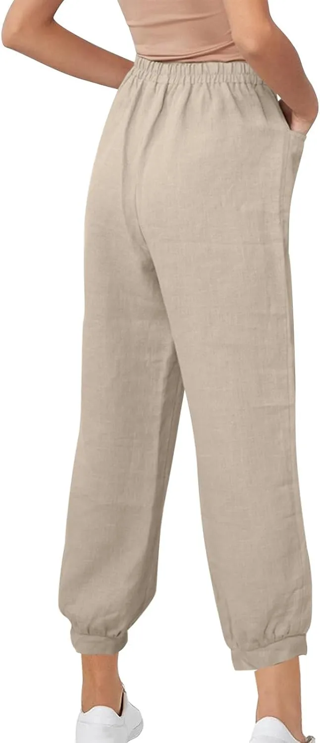 Women's High Waist Cotton Linen Cropped Pant, Summer Casual Baggy Sports Joggers Elastic Waist Trousers with Pockets