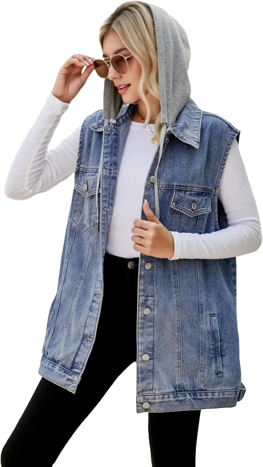 Women's Hooded Denim Vest, Oversized Casual Jean Jacket, Detachable Hood, Plus Size