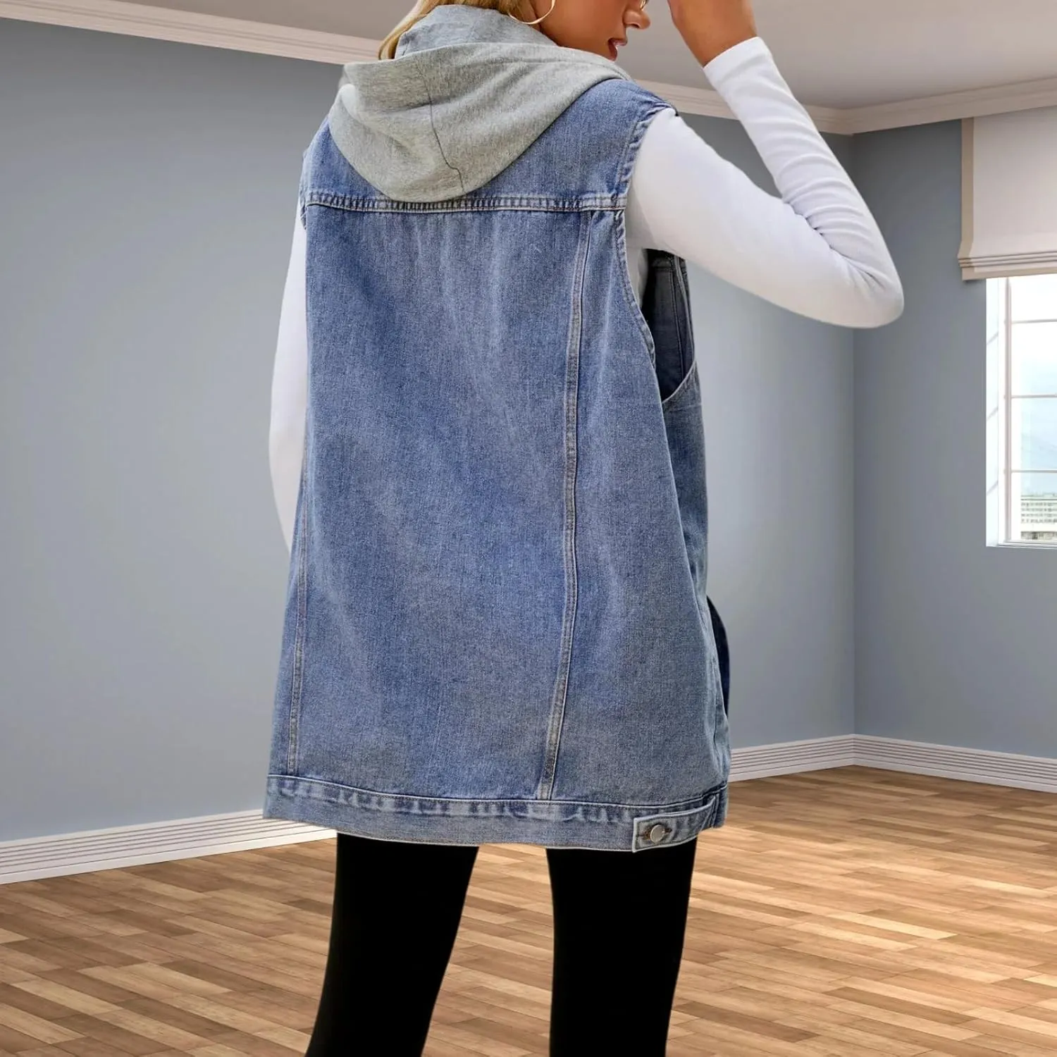 Women's Hooded Denim Vest, Oversized Casual Jean Jacket, Detachable Hood, Plus Size