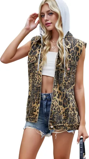 Women's Hooded Denim Vest, Oversized Casual Jean Jacket, Detachable Hood, Plus Size