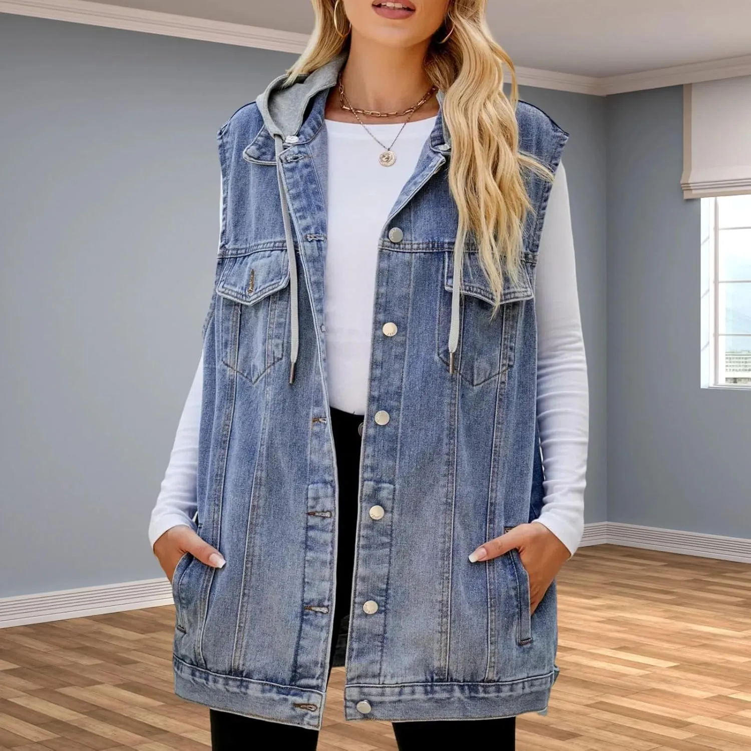 Women's Hooded Denim Vest, Oversized Casual Jean Jacket, Detachable Hood, Plus Size