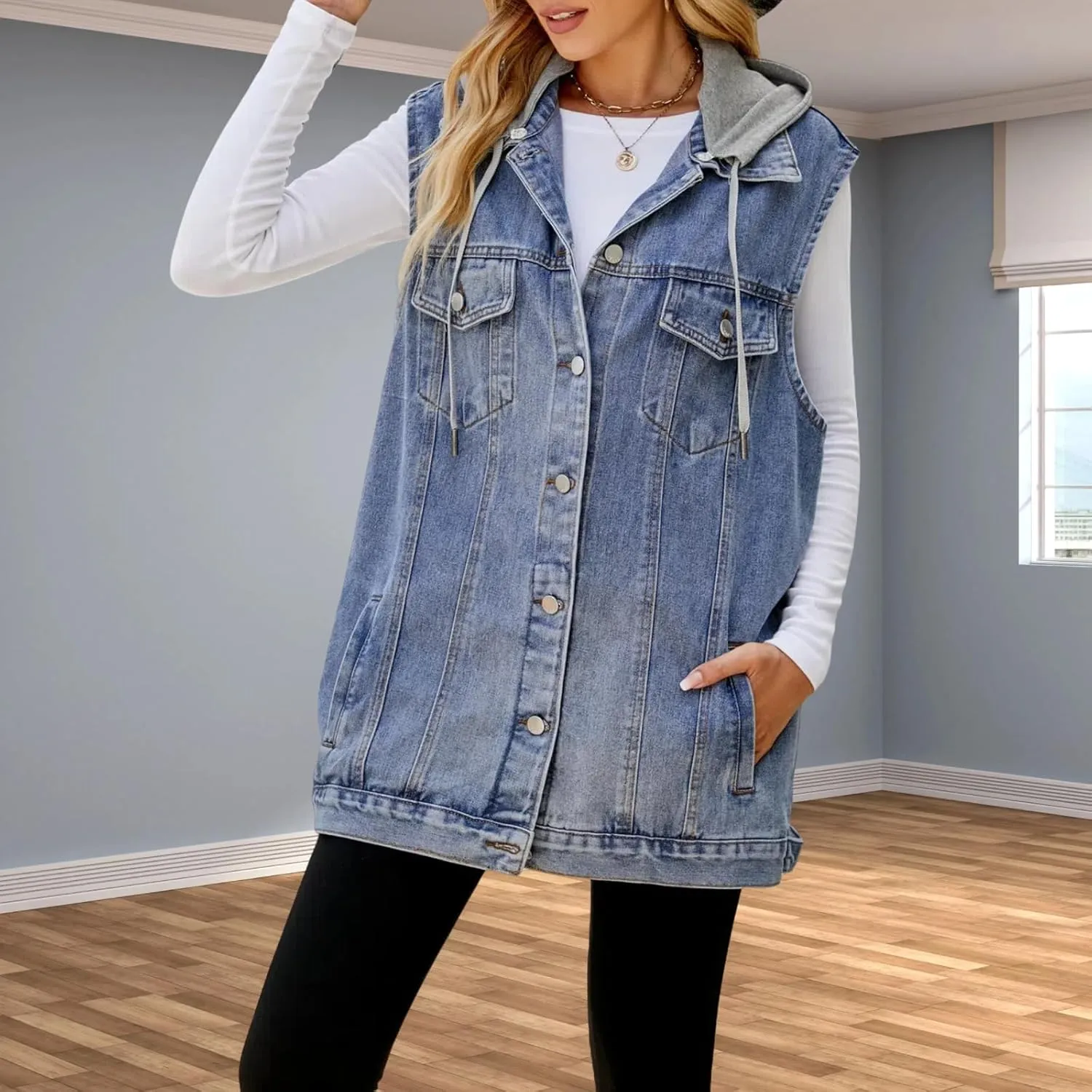 Women's Hooded Denim Vest, Oversized Casual Jean Jacket, Detachable Hood, Plus Size