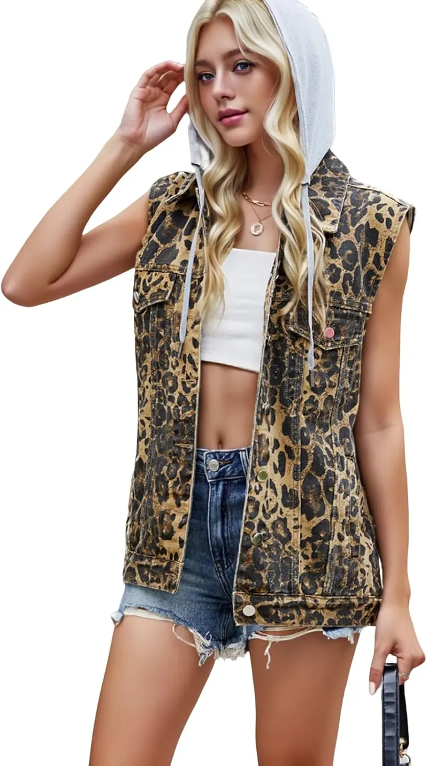 Women's Hooded Denim Vest, Oversized Casual Jean Jacket, Detachable Hood, Plus Size