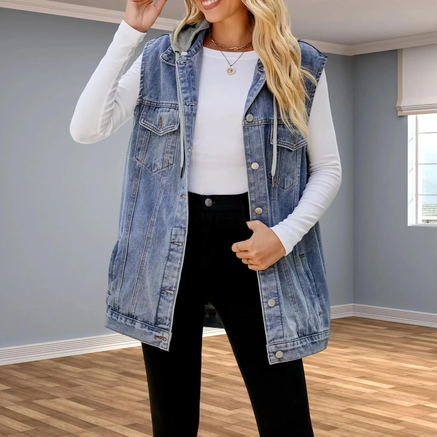 Women's Hooded Denim Vest, Oversized Casual Jean Jacket, Detachable Hood, Plus Size