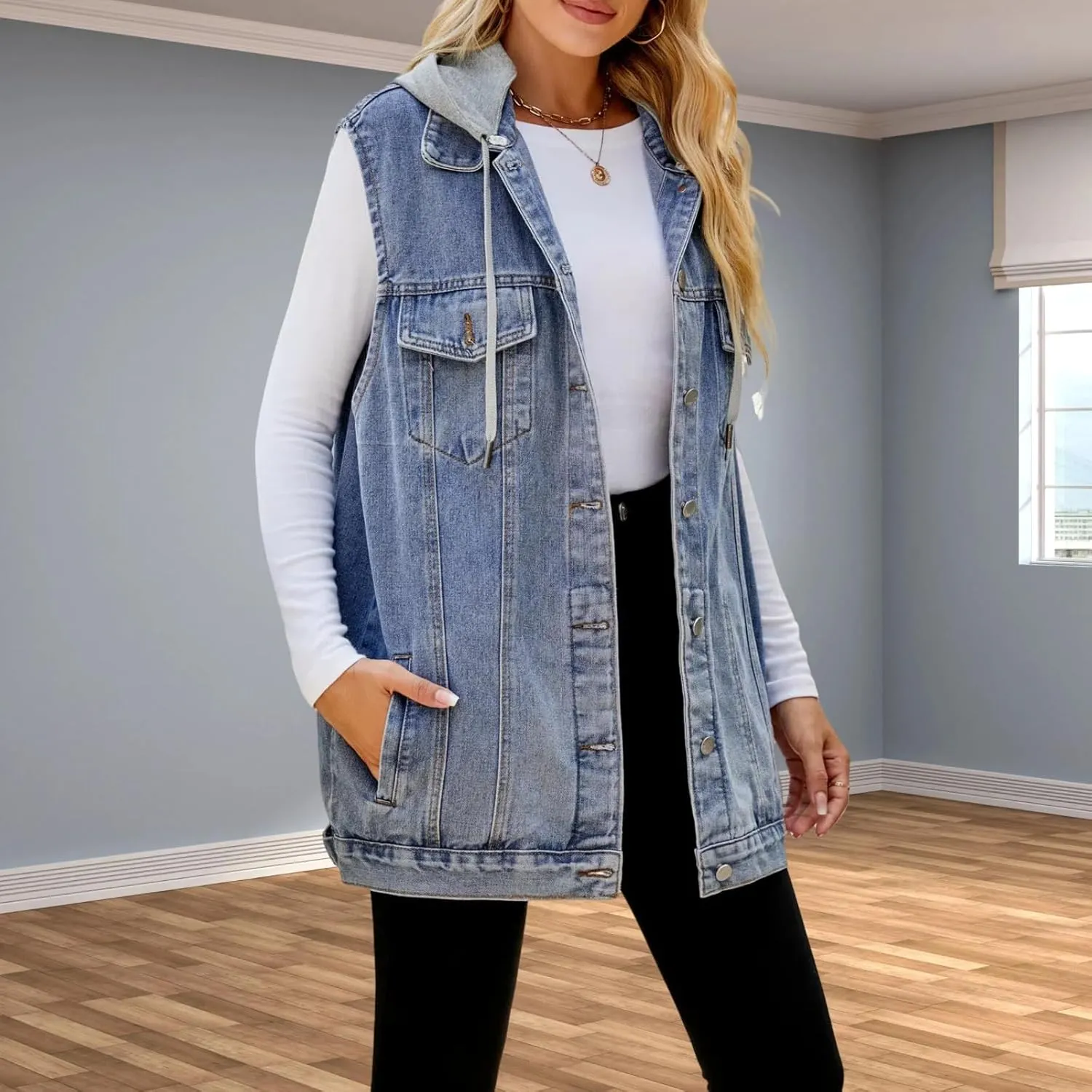 Women's Hooded Denim Vest, Oversized Casual Jean Jacket, Detachable Hood, Plus Size