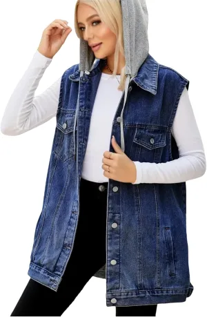 Women's Hooded Denim Vest, Oversized Casual Jean Jacket, Detachable Hood, Plus Size