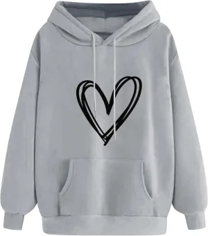 Women's Hooded Sweatshirts Long Sleeve Love Heart Graphic Print Pullover Cute Fleece Hoodies with Pocket