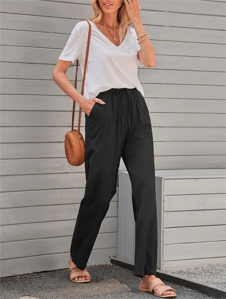 Women's Linen Cotton Casual Pants Palazzo Drawstring with Pockets Elastic Waist Wide Straight Leg Loose Trousers