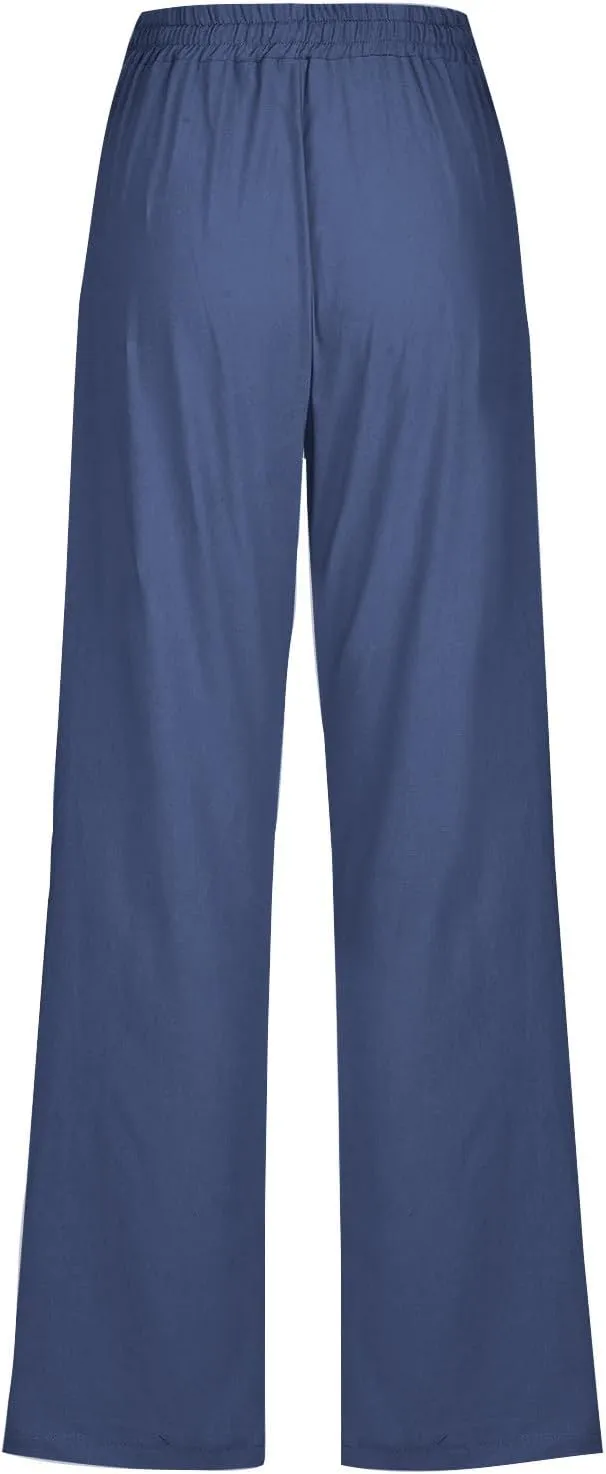 Womens Linen Pants Casual Loose Elastic Waist Drawstring Trousers Trendy Straight Leg Lounge Pants with Pockets