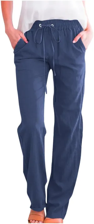 Womens Linen Pants Casual Loose Elastic Waist Drawstring Trousers Trendy Straight Leg Lounge Pants with Pockets