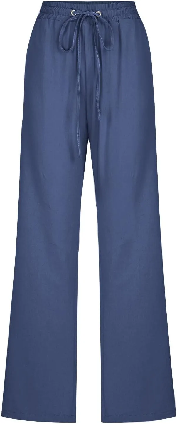Womens Linen Pants Casual Loose Elastic Waist Drawstring Trousers Trendy Straight Leg Lounge Pants with Pockets