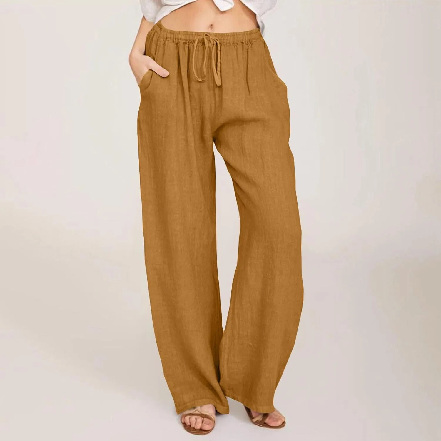Womens Linen Pants Summer Trendy Lightweight Baggy Casual Palazzo Pants with Pockets Elastic Waist Drawstring Beach Trouser