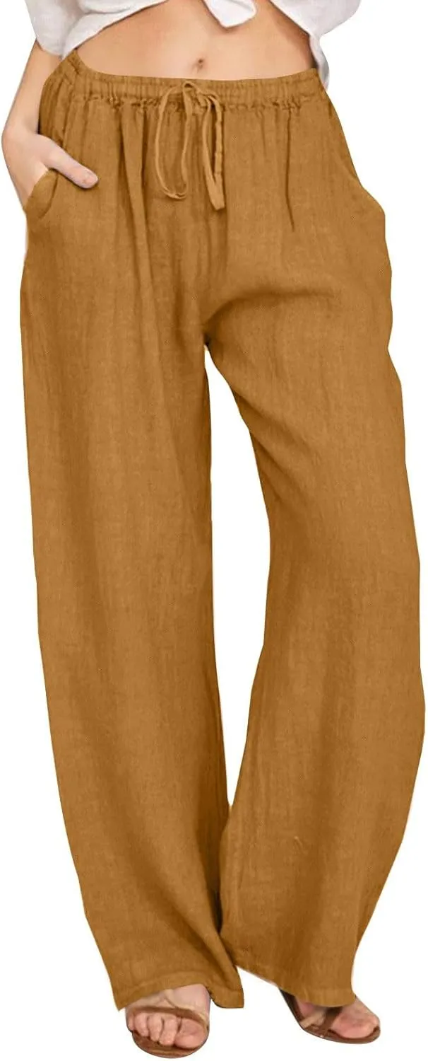Womens Linen Pants Summer Trendy Lightweight Baggy Casual Palazzo Pants with Pockets Elastic Waist Drawstring Beach Trouser