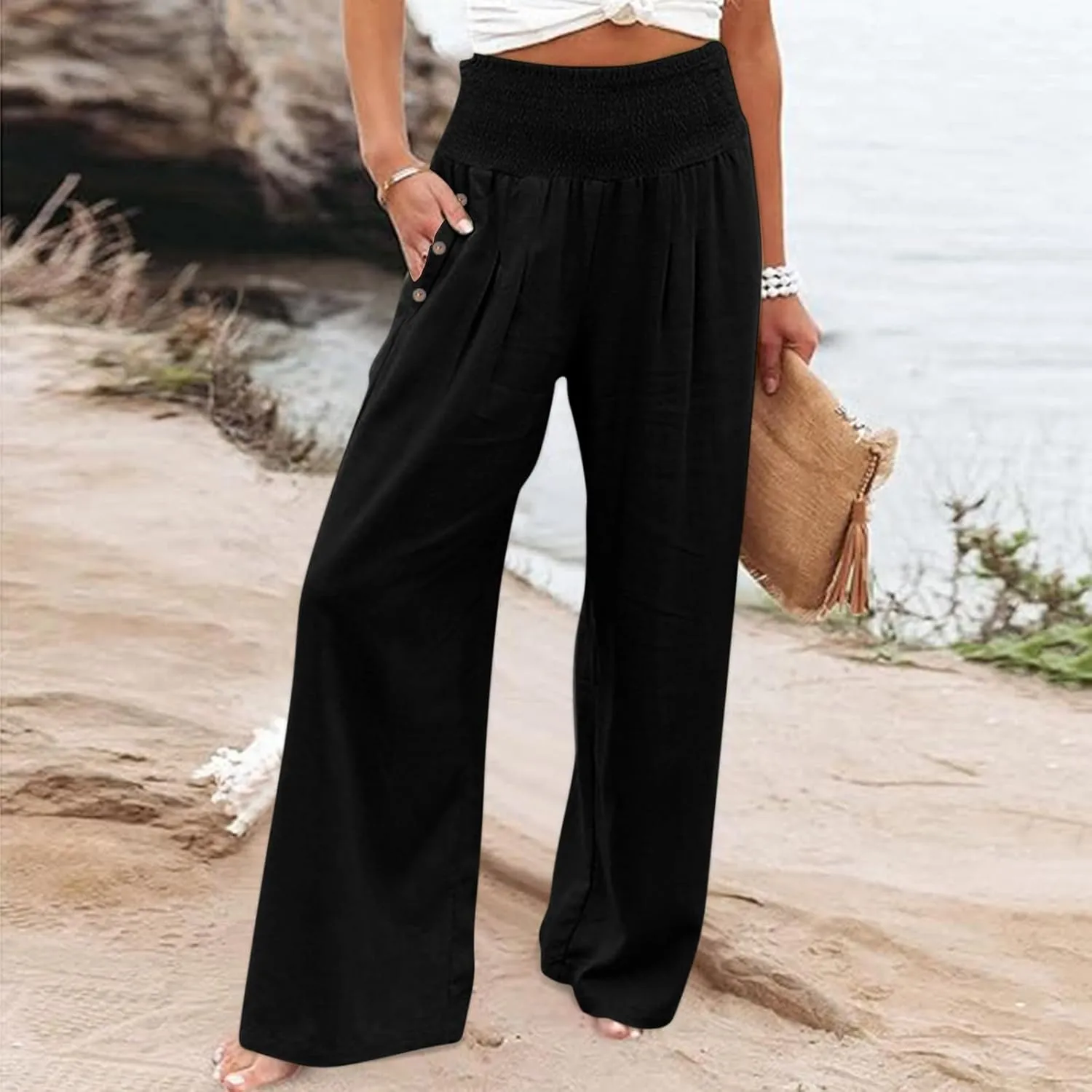 Womens Linen Pants with Pockets Vacation Dressy Elastic Waist Lightweight Casual Cotton Linen Capris