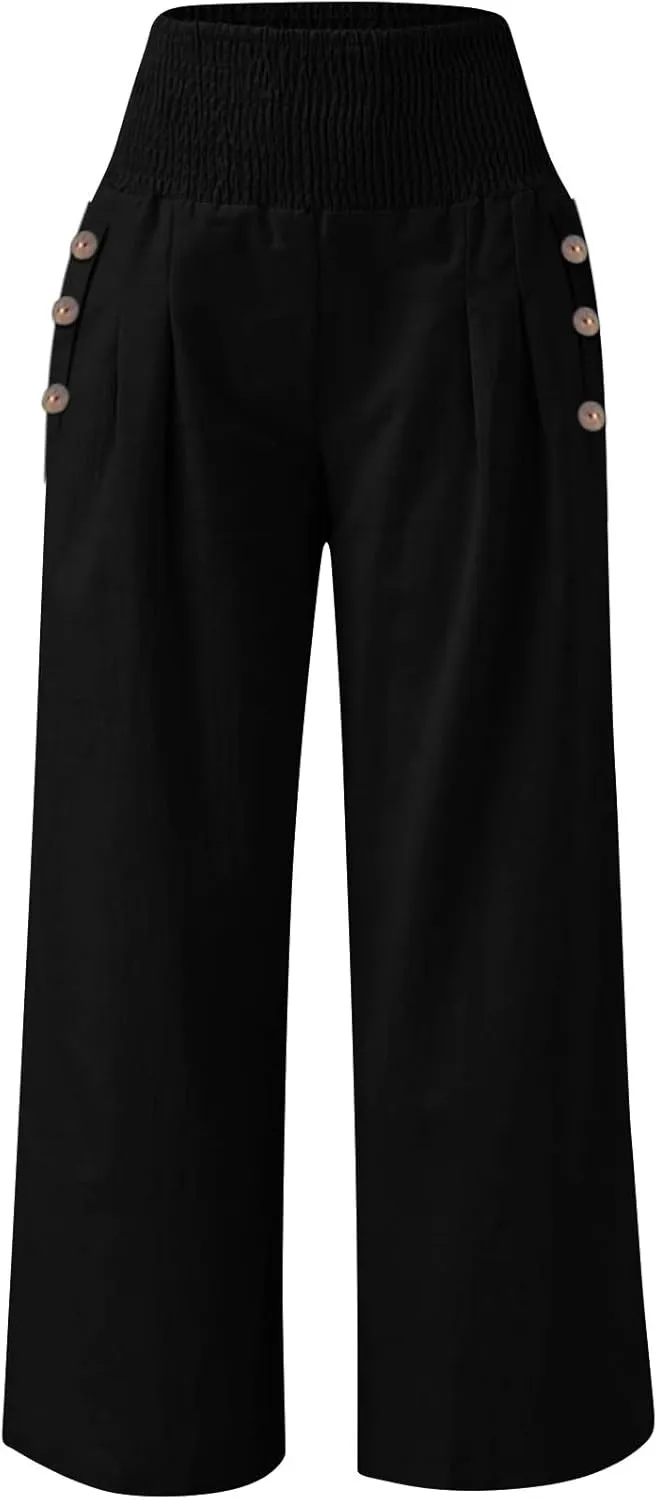 Womens Linen Pants with Pockets Vacation Dressy Elastic Waist Lightweight Casual Cotton Linen Capris