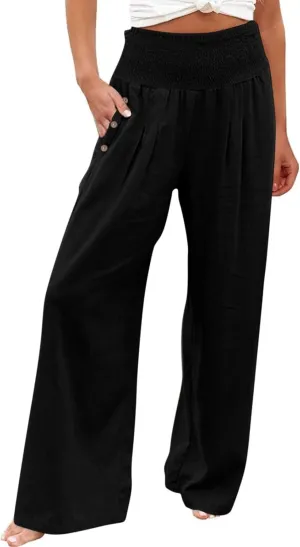 Womens Linen Pants with Pockets Vacation Dressy Elastic Waist Lightweight Casual Cotton Linen Capris