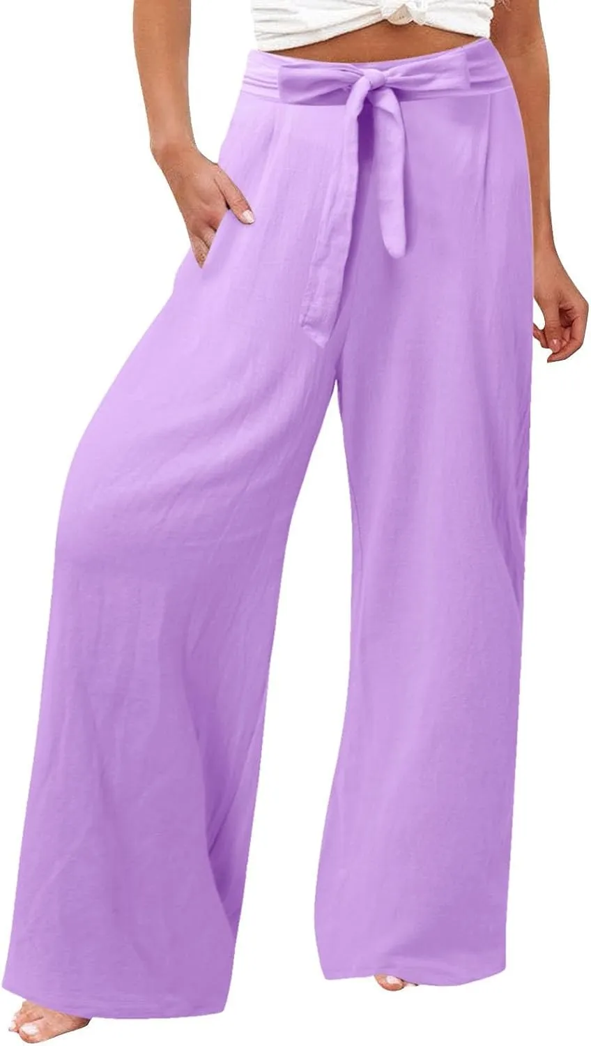 Womens Linen Summer Flowy Pants Elastic Waist Lounge Pants Slim Fit Trouser Travel