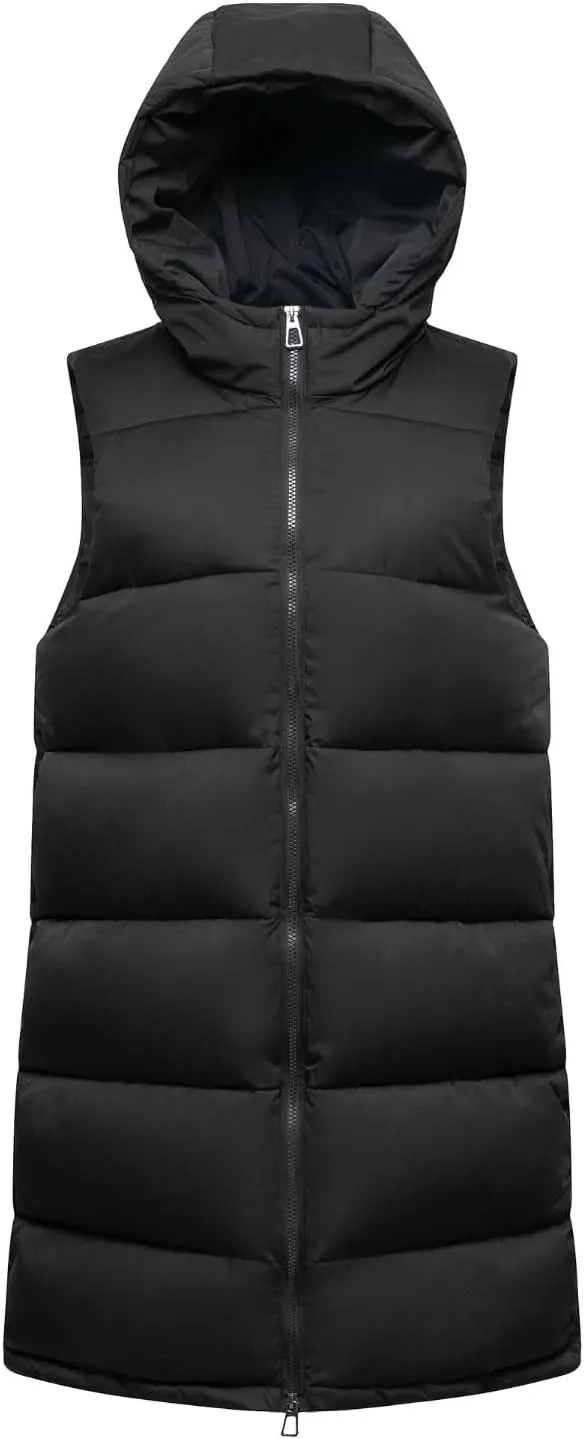 Women's Long Puffer Vest with Hood, Hidden Zipped Side Pockets, Stand Collar, Sleeveless Puffy Bubble Gilet Outwear